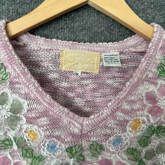 Vintage Floral Sweater Womens Small Pink Pastel Modest V-Neck 80s Pullover - Picture 8 of 16